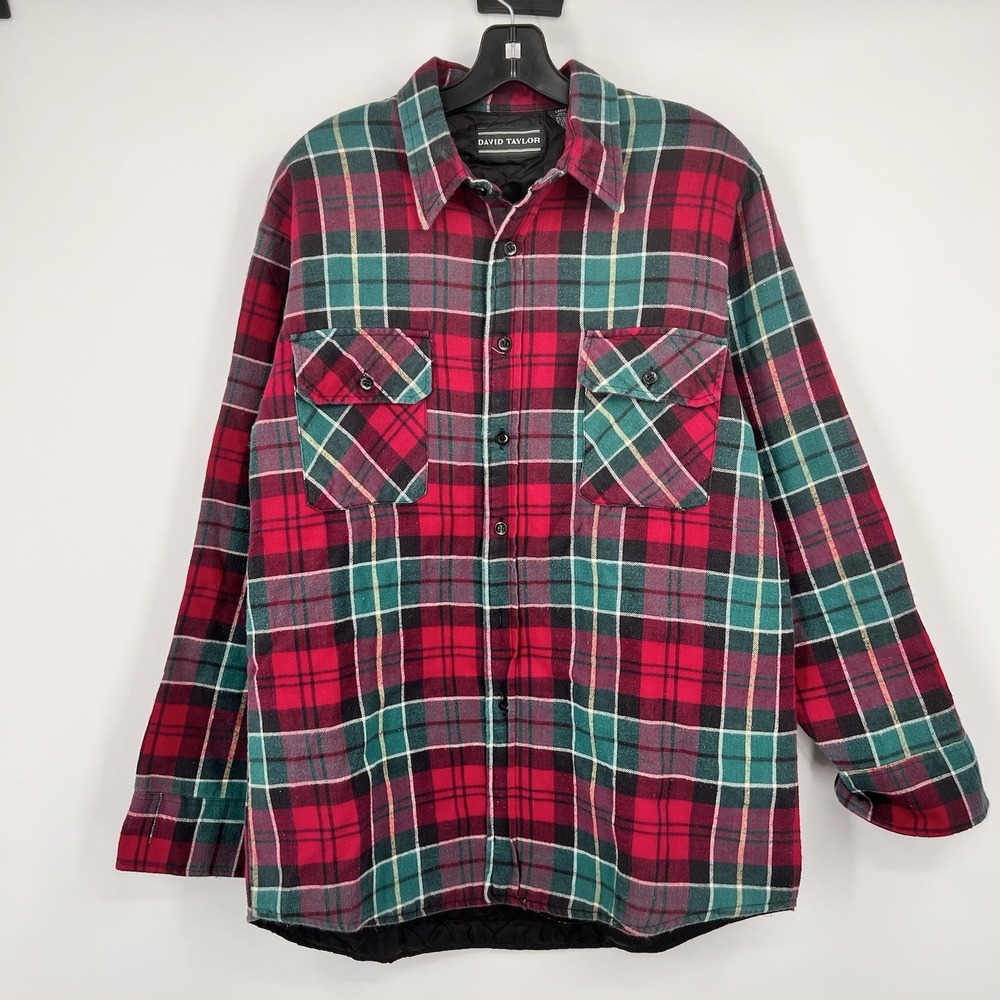 David Taylor Mens Flannel Shirt Jacket Large Quilt Lined Insulated Work Plaid